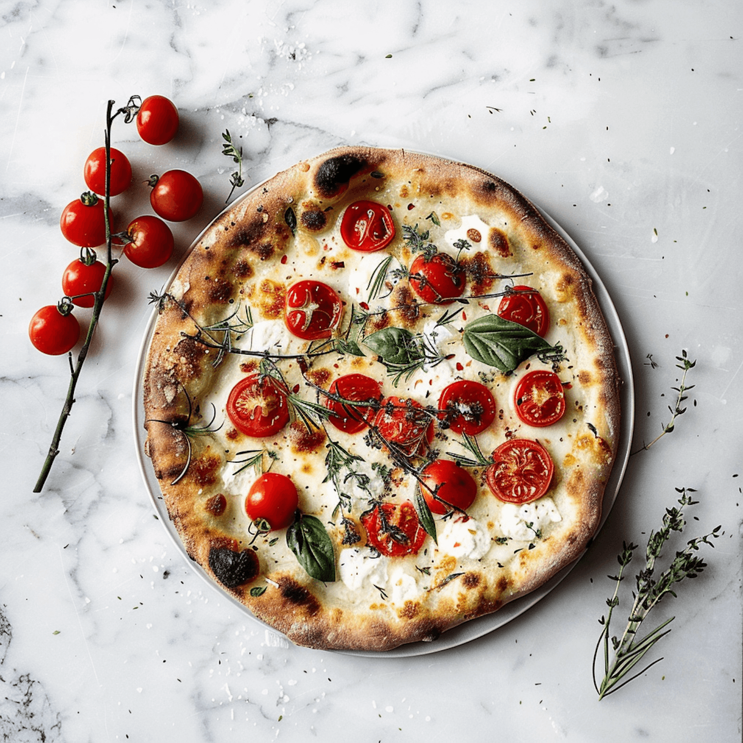 Pizza margherita con mozzarella fresca, tomate cherry y albahaca sobre mármol.