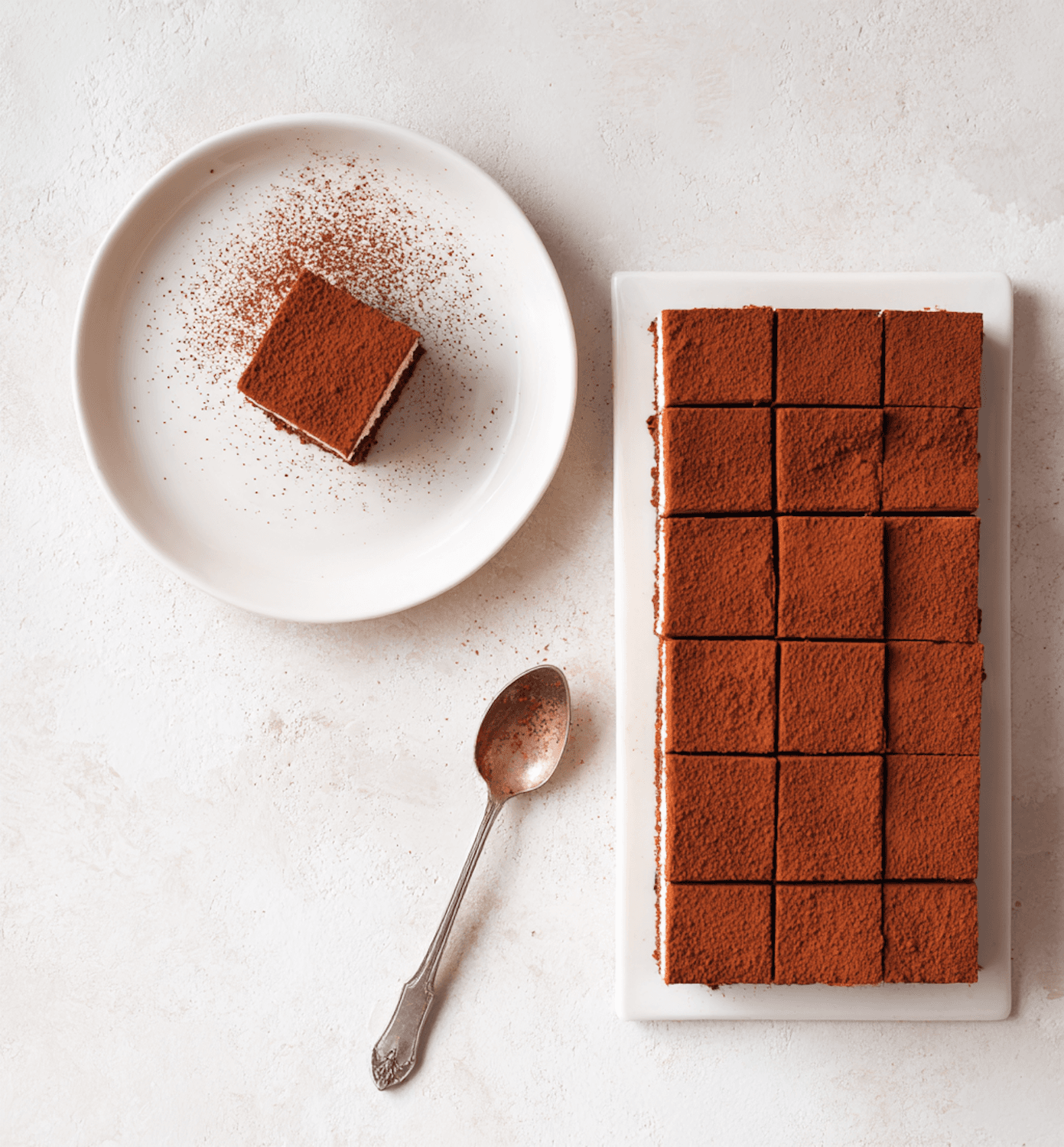 Porciones de tiramisú de la casa servidas en plato blanco con una cucharilla antigua.